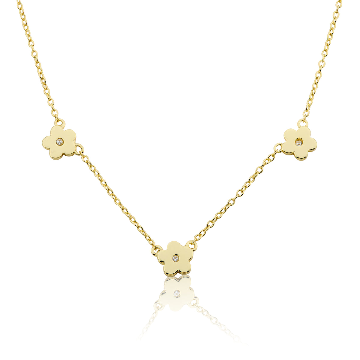 14k Gold Plated Cz Center Triple Flower Chain Necklace