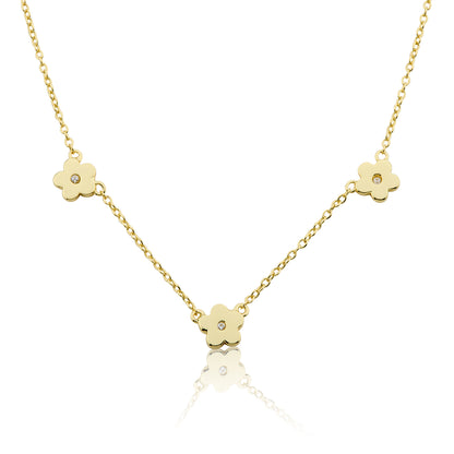 14k Gold Plated Cz Center Triple Flower Chain Necklace