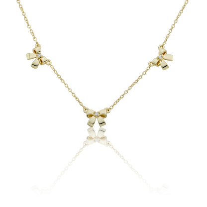 14k Gold Plated Cz Center Triple Bow Chain Necklace