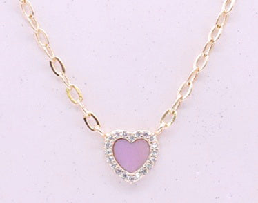 14k Gold Plated Cz Framed Mother Of Pearl Heart Link Chain Necklace Wholesale