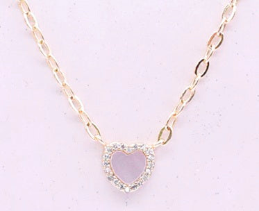 14k Gold Plated Cz Framed Mother Of Pearl Heart Link Chain Necklace Wholesale
