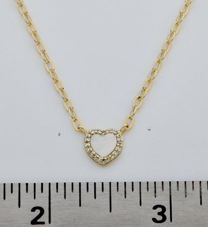 14k Gold Plated Cz Framed Mother Of Pearl Heart Link Chain Necklace Wholesale