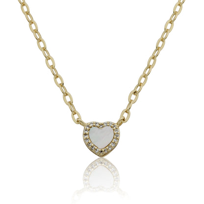 14k Gold Plated Cz Framed Mother Of Pearl Heart Link Chain Necklace Wholesale