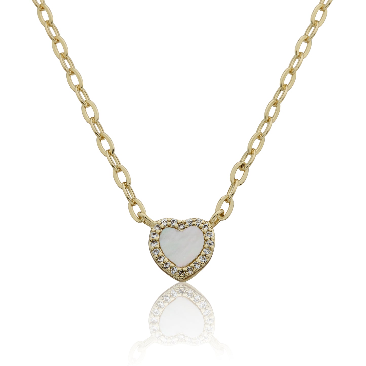 14k Gold Plated Cz Framed Mother Of Pearl Heart Link Chain Necklace