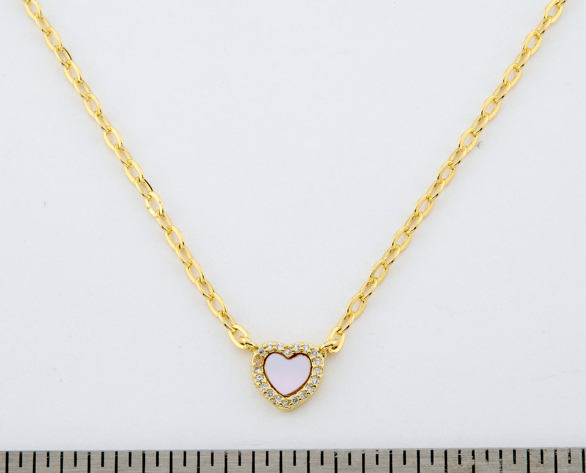 14k Gold Plated Cz Framed Mother Of Pearl Heart Link Chain Necklace