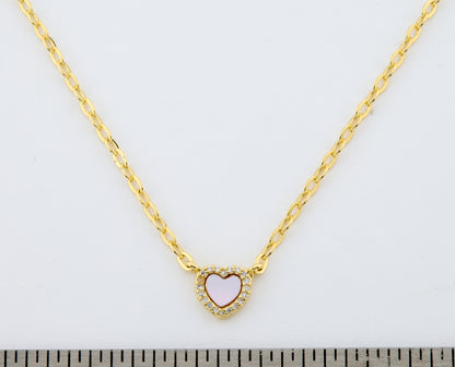 14k Gold Plated Cz Framed Mother Of Pearl Heart Link Chain Necklace