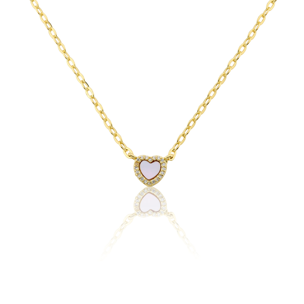 14k Gold Plated Cz Framed Mother Of Pearl Heart Link Chain Necklace