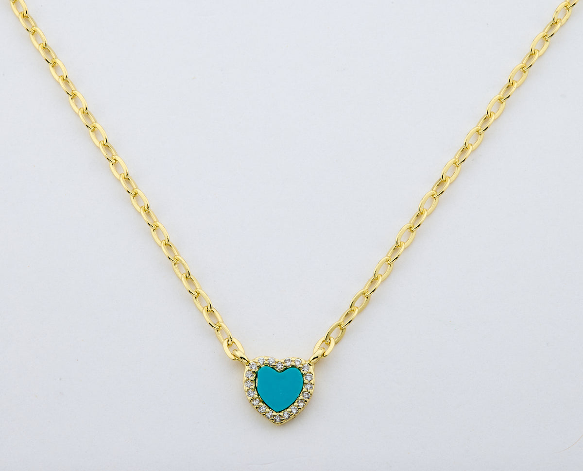 14k Gold Plated Cz Framed Mother Of Pearl Heart Link Chain Necklace
