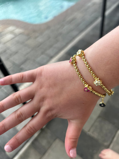 14K Gold Plated Mesh Rope Bracelet Accented With Enamel Heart Slide