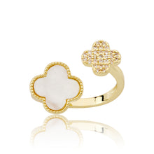 14K Gold Plated Clover and Cz Mini Clover Snake Ring