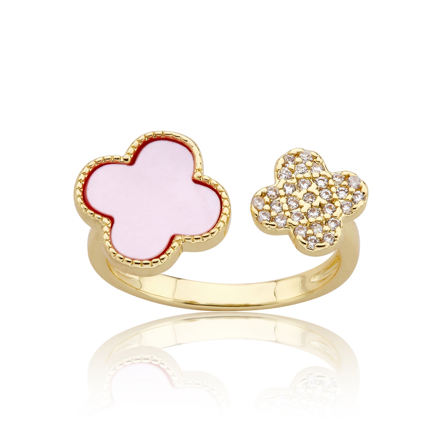 14K Gold Plated Clover and Cz Mini Clover Snake Ring