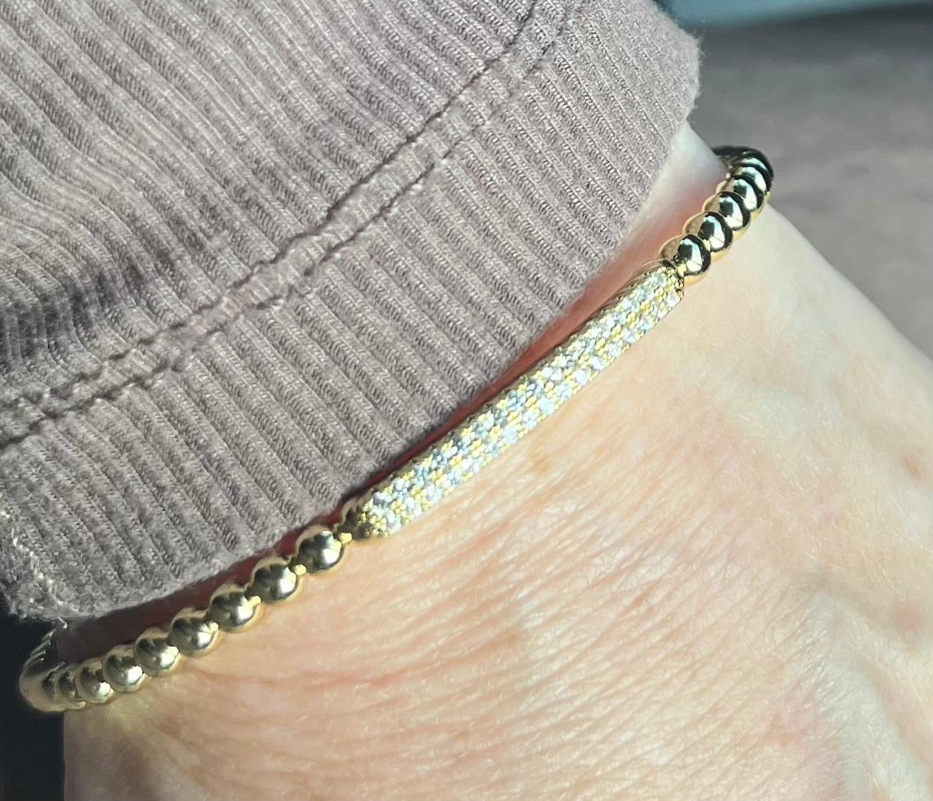 14K Gold Plated Oval Bead Clasped Bangle Accented With Cz Bar Center Wholesale