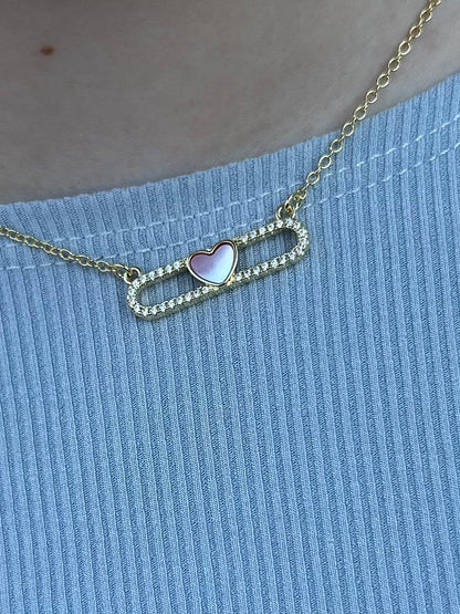 14K Gold Plated Necklace Accented With Cz & Mother Of Pearl Heart Bar Center