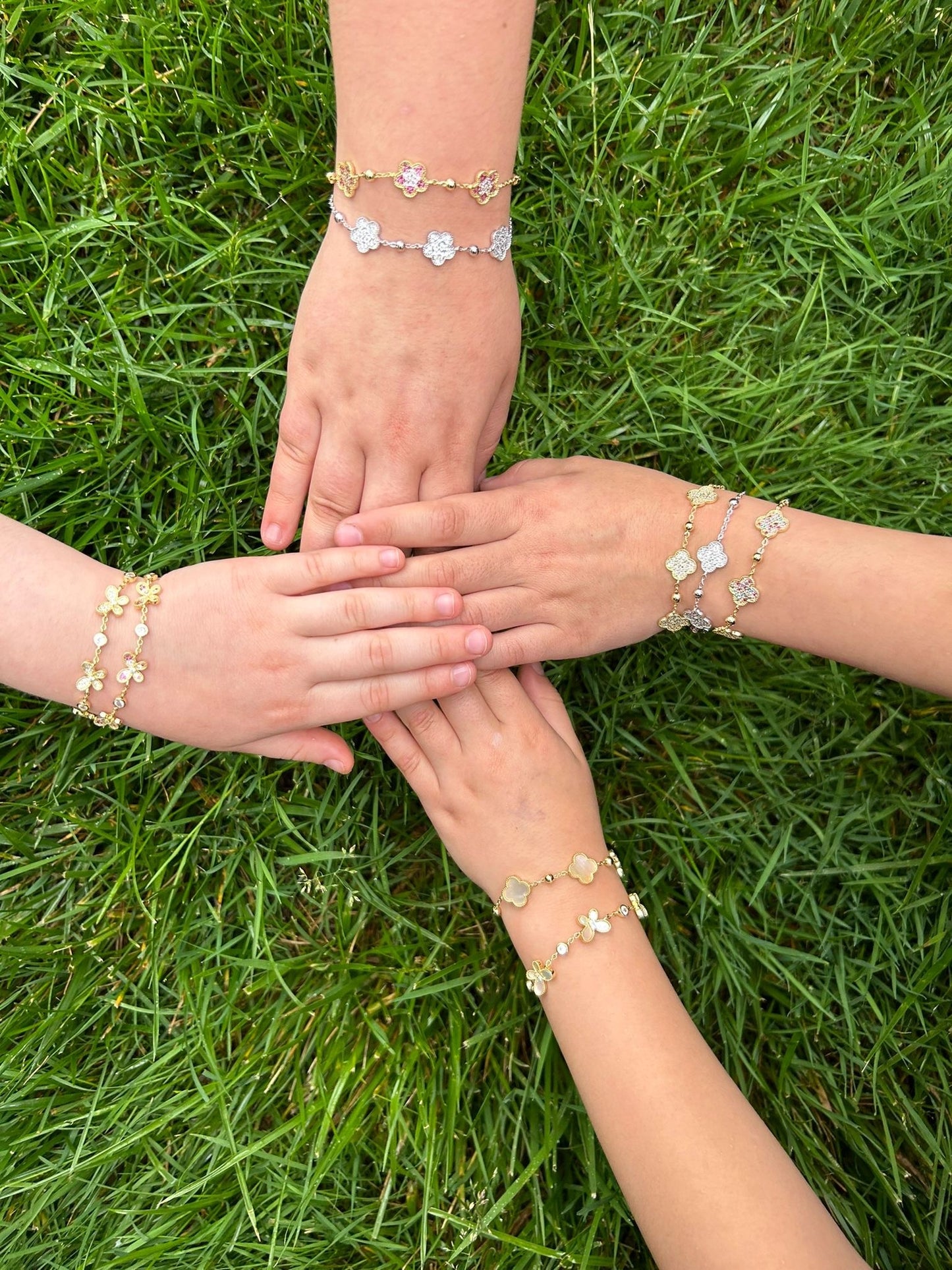 14K Gold Plated 4 Mother Of Pearl CZ Butterflies On Bead Chain Bracelet