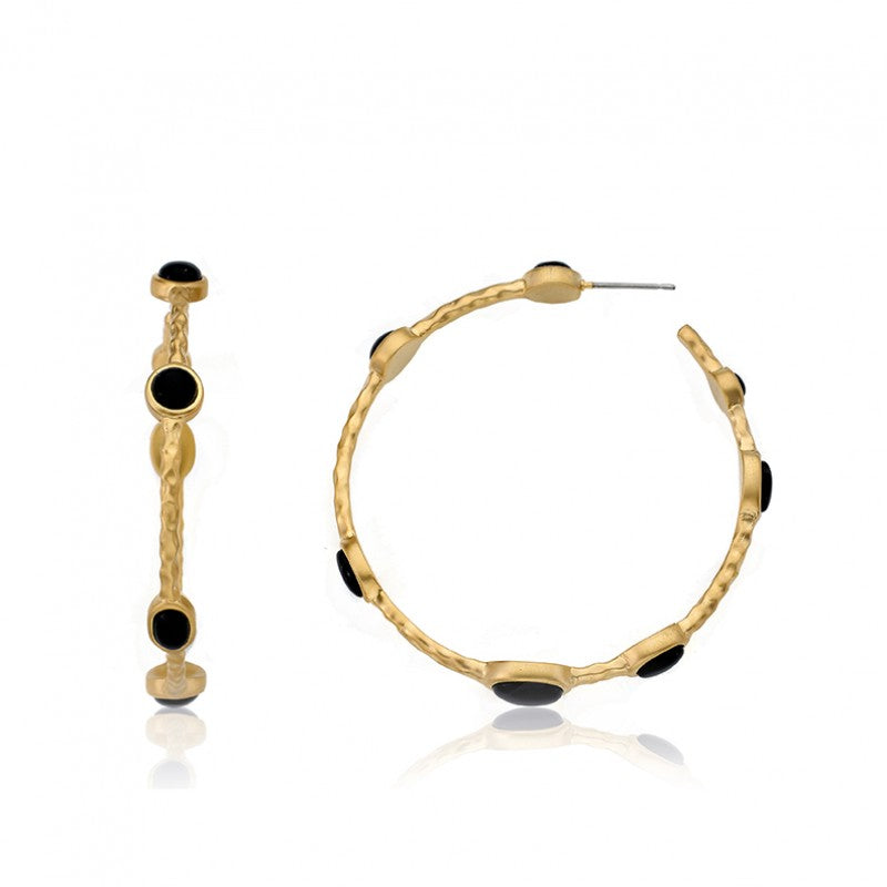 14K Gold Plated ARCTIC MIST Onyx Stones Hammered Large Hoop Gold Earrings