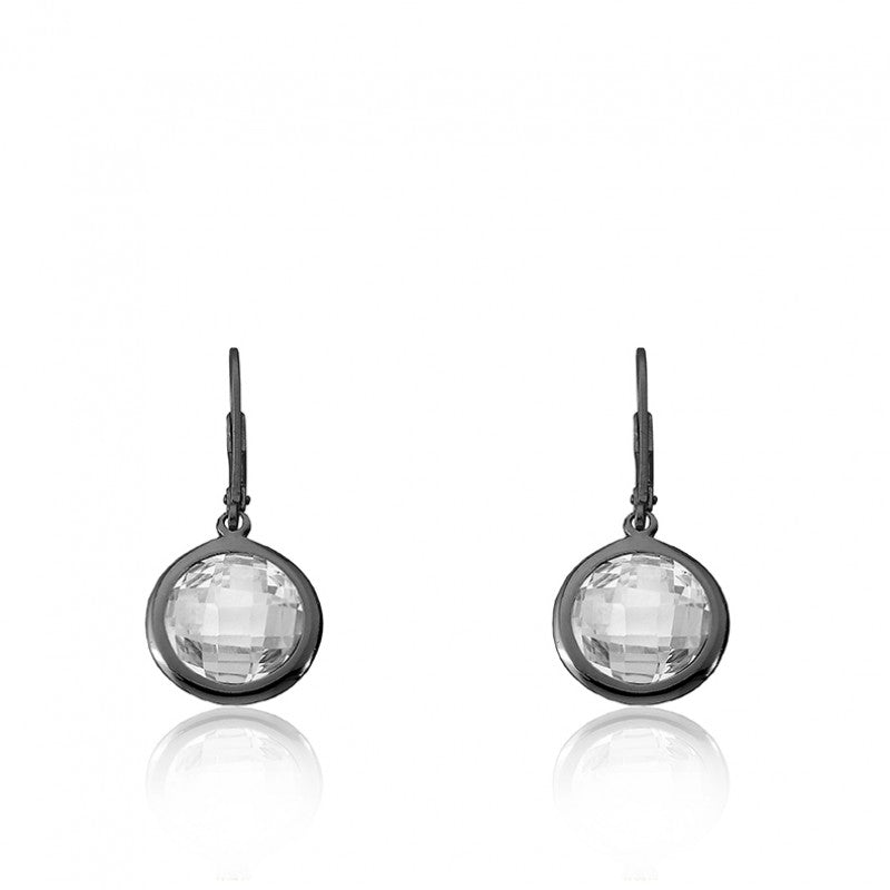 14K Gold Plated ARCTIC MIST Round Clear Briolet Black Rhodium Plated Earrings