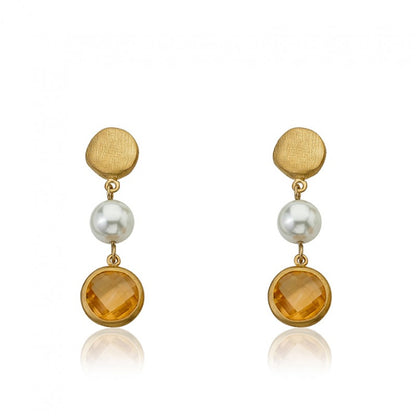 14K Gold Plated ARCTIC MIST Nugget With Pearl And Stone Dangle Earrings