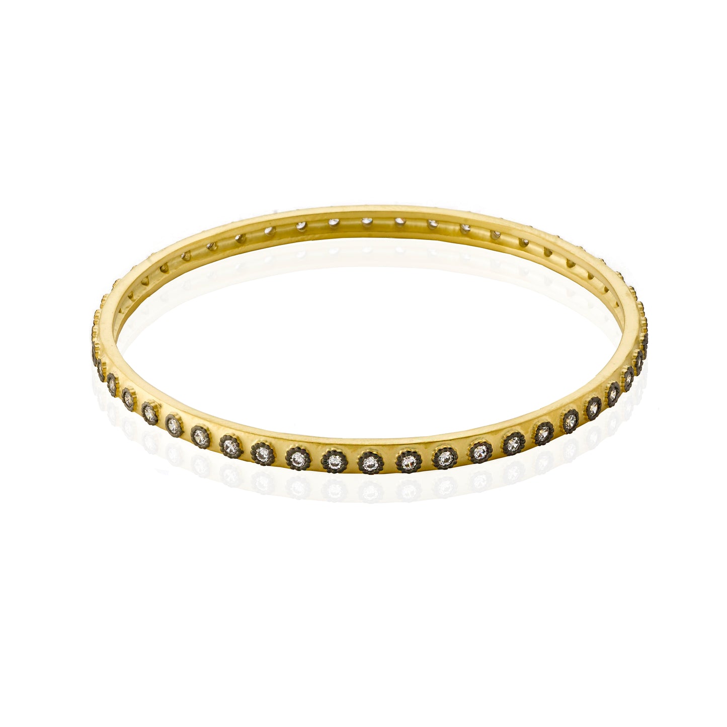 Cosmopolitan Satin 14K Gold Plated Bangle With CZ In Black Rhodium Bezels