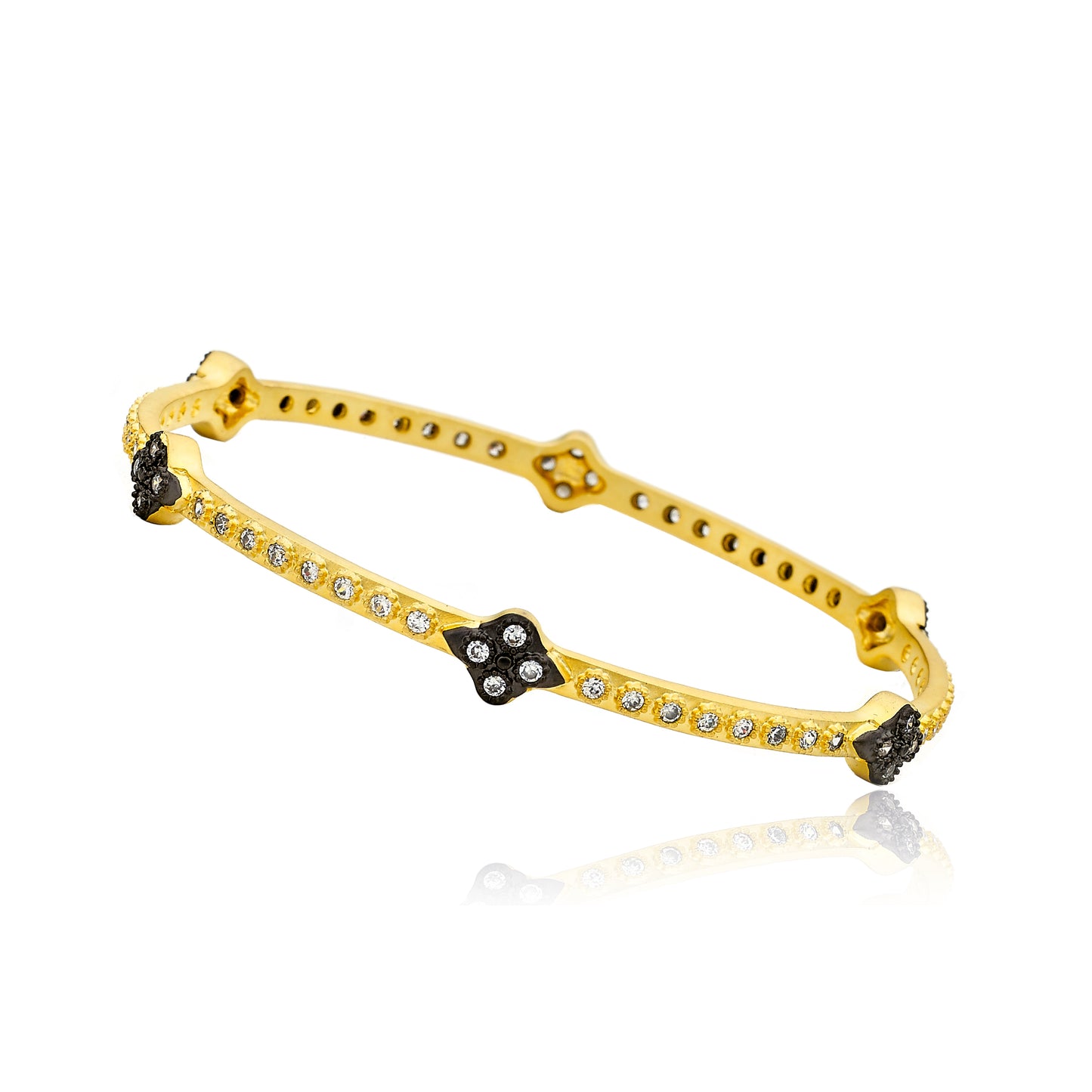 Cosmopolitan 14K Gold Plated Bangle With Cubic Zirconia's Accented With Black Rhodium Flowers