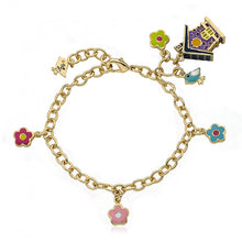 14k Gold Plated FAYE BY LMTS Purple Birdhouse & Flower Charm Bracelet