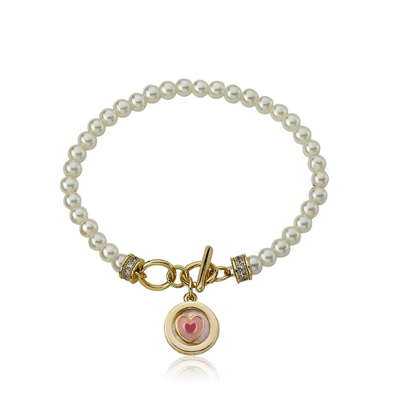 14k Gold Plated LITTLE MISS FLOWER GIRL Pearl Bracelet with MOP Enamel Heart Charm