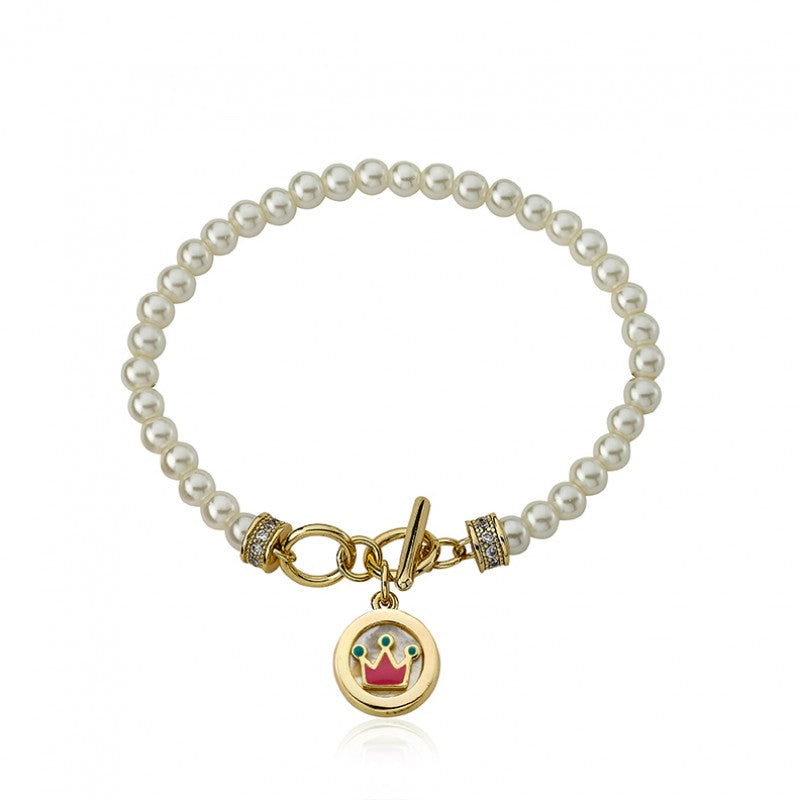 14k Gold Plated LITTLE MISS FLOWER GIRL Pearl Bracelet with MOP Crown Charm