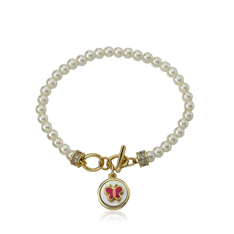 14k Gold Plated LITTLE MISS FLOWER GIRL Pearl Bracelet with MOP Butterfly Charm