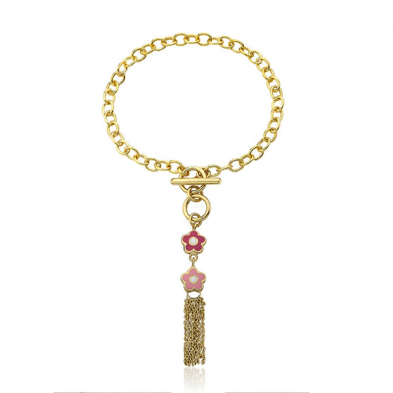 14k Gold Plated FROSTED FLOWERS Pink Tassel Bracelet