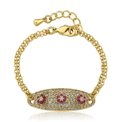 14k Gold Plated ID Bracelet with Hot Pink Flowers