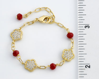 Classic! Paperclip Chain Cz Flowers & Red Bead Bracelet