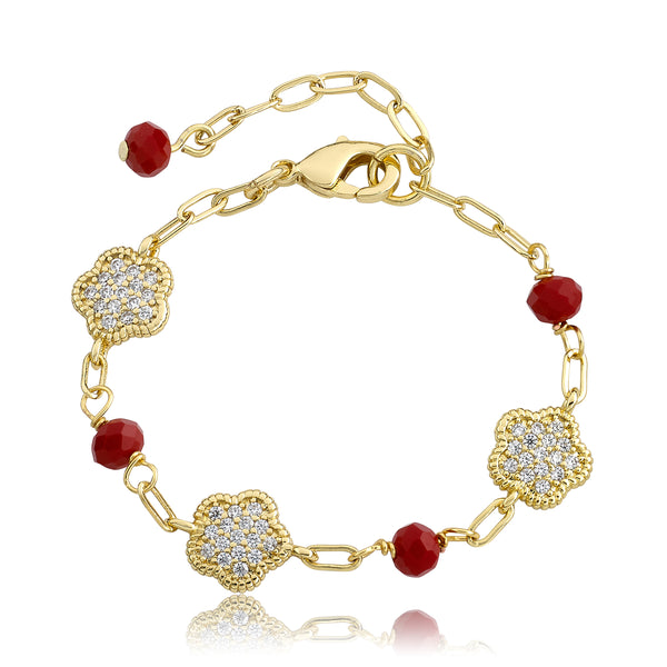 Classic! Paperclip Chain Cz Flowers & Red Bead Bracelet