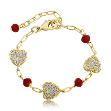 Classic! Paperclip Chain Cz Hearts & Red Bead Bracelet