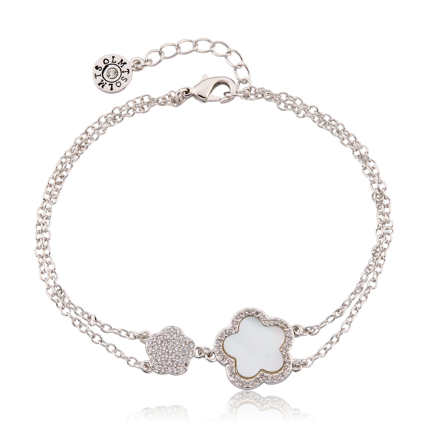 LMTS Classic! Cz Filled Flower & Mother of Pearl Flower Double Strand Chain Bracelet