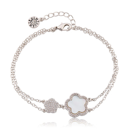 LMTS Classic! Cz Filled Flower & Mother of Pearl Flower Double Strand Chain Bracelet