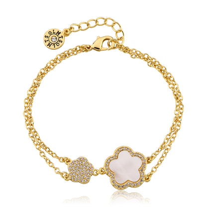 LMTS Classic! Cz Filled Flower & Mother of Pearl Flower Double Strand Chain Bracelet