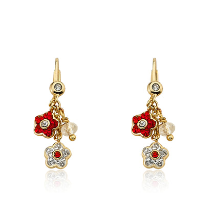 14K Gold Plated FLOWERY GLITZ Crystal 2 Flowers Dangle Earrings