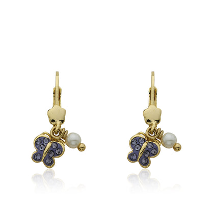 Crystal Butterfly And Pearl Dangle Earring With Gold Flower