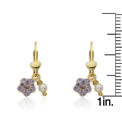 Crystal Flower & Pearl Dangle Earring With Gold Heart