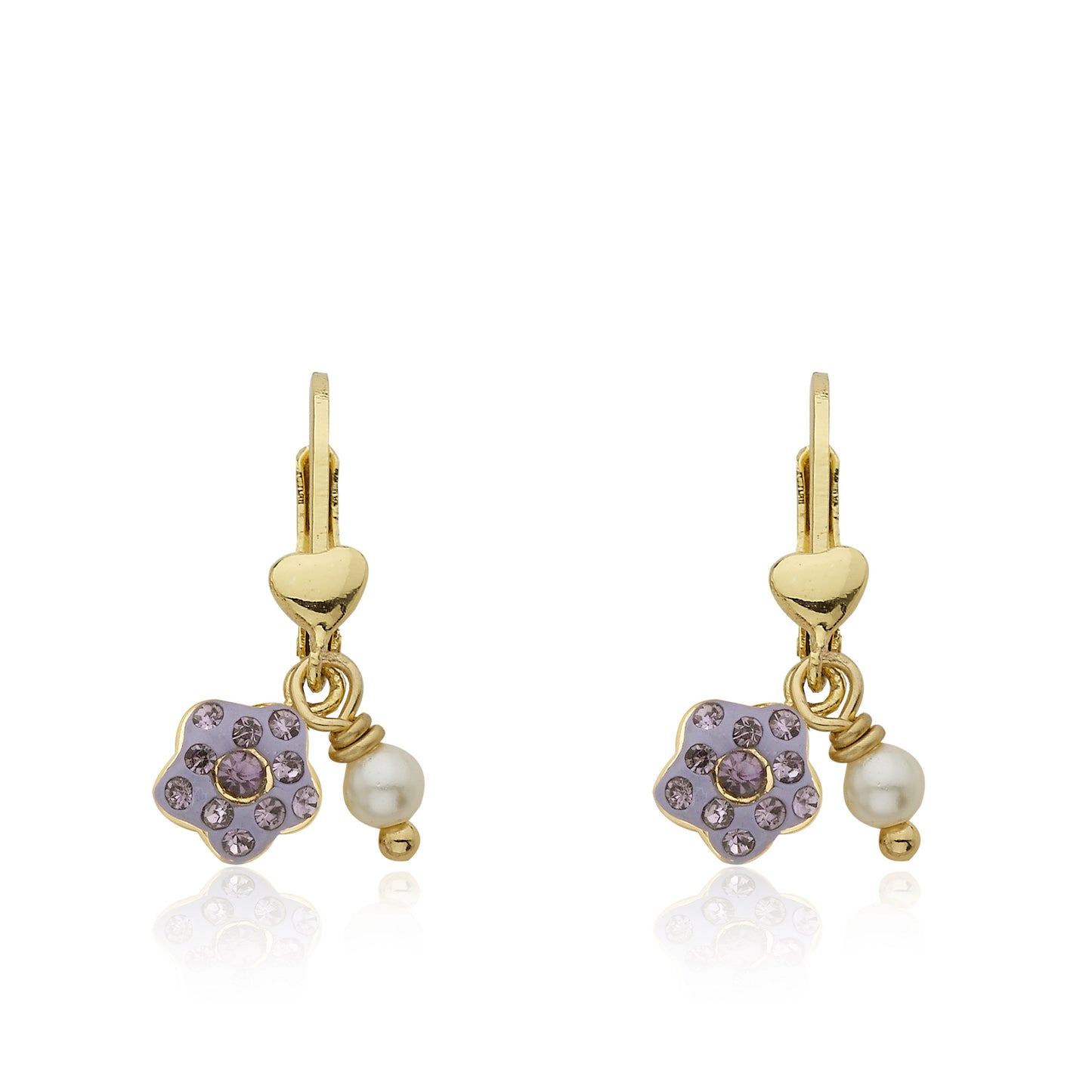 Crystal Flower & Pearl Dangle Earring With Gold Heart