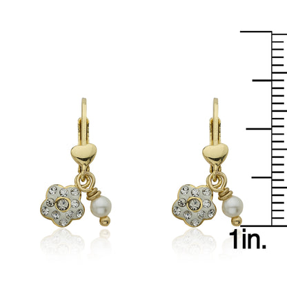 Crystal Flower & Pearl Dangle Earring With Gold Heart