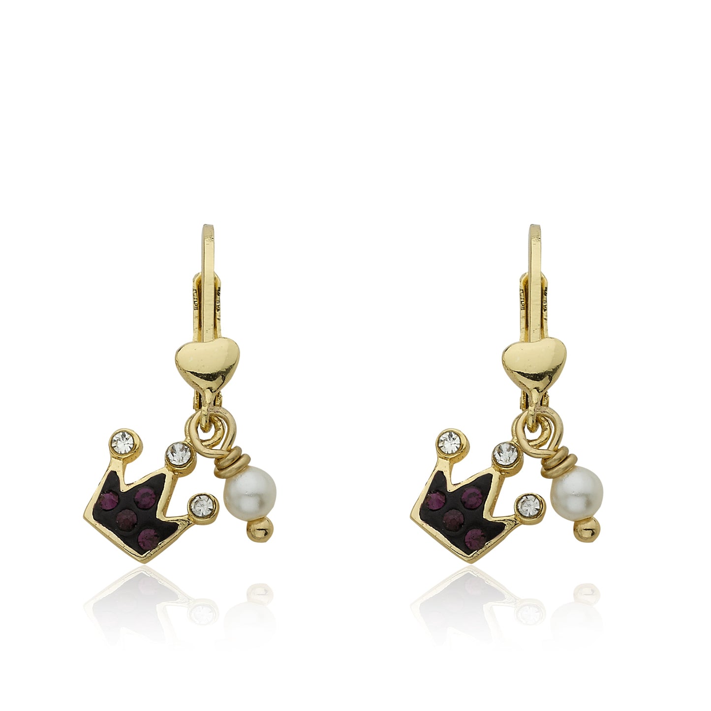 Crystal Crown & Pearl Dangle Earring With Gold Heart