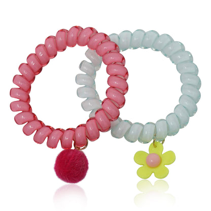 Mileez Flower & Pom Pom Charm 2 Pack Coil Hair Tie/ Bracelet Set