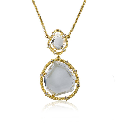 14k Gold Plated Sliced Glass Double Stone Pendant Chain Necklace