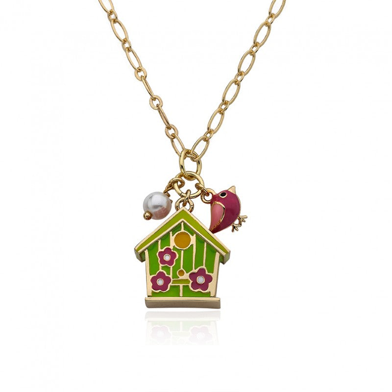 Lime Birdhouse & Flower Chain Necklace