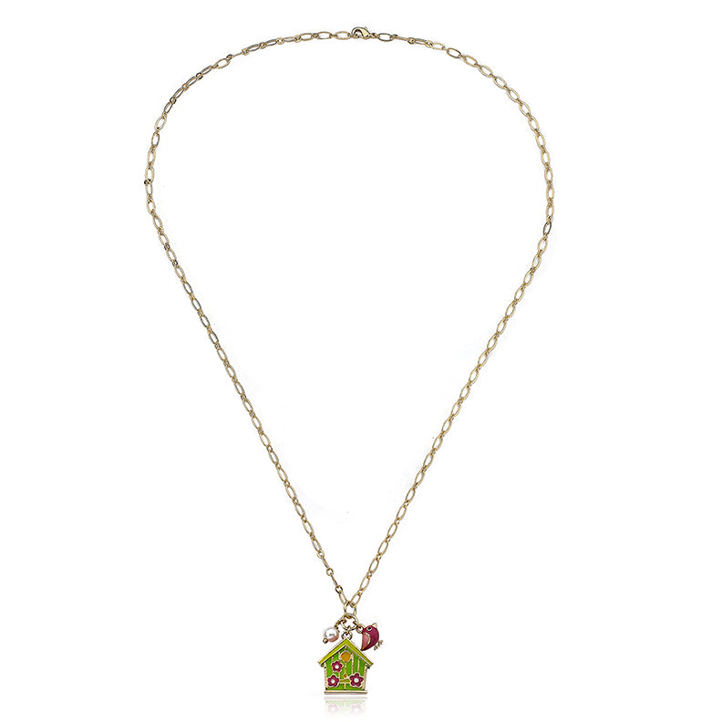 Lime Birdhouse & Flower Chain Necklace