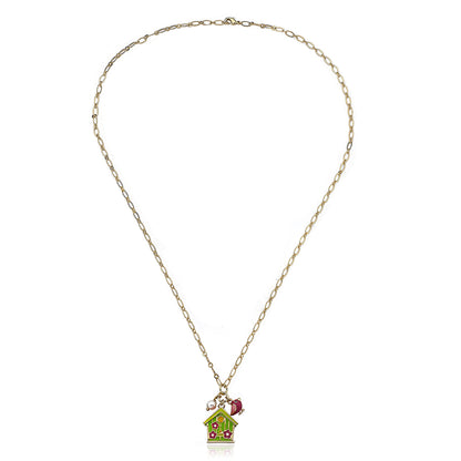 Lime Birdhouse & Flower Chain Necklace