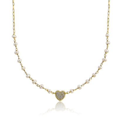 Micro Pave Heart Pearl Necklace