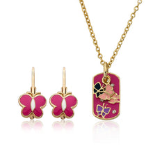 14K Gold Plated Enamel Butterfly Earring And Charm Tag Necklace Set