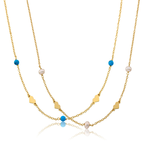 14K Gold Plated Fresh Water Pearl/ Turquoise Heart Station Necklace Set